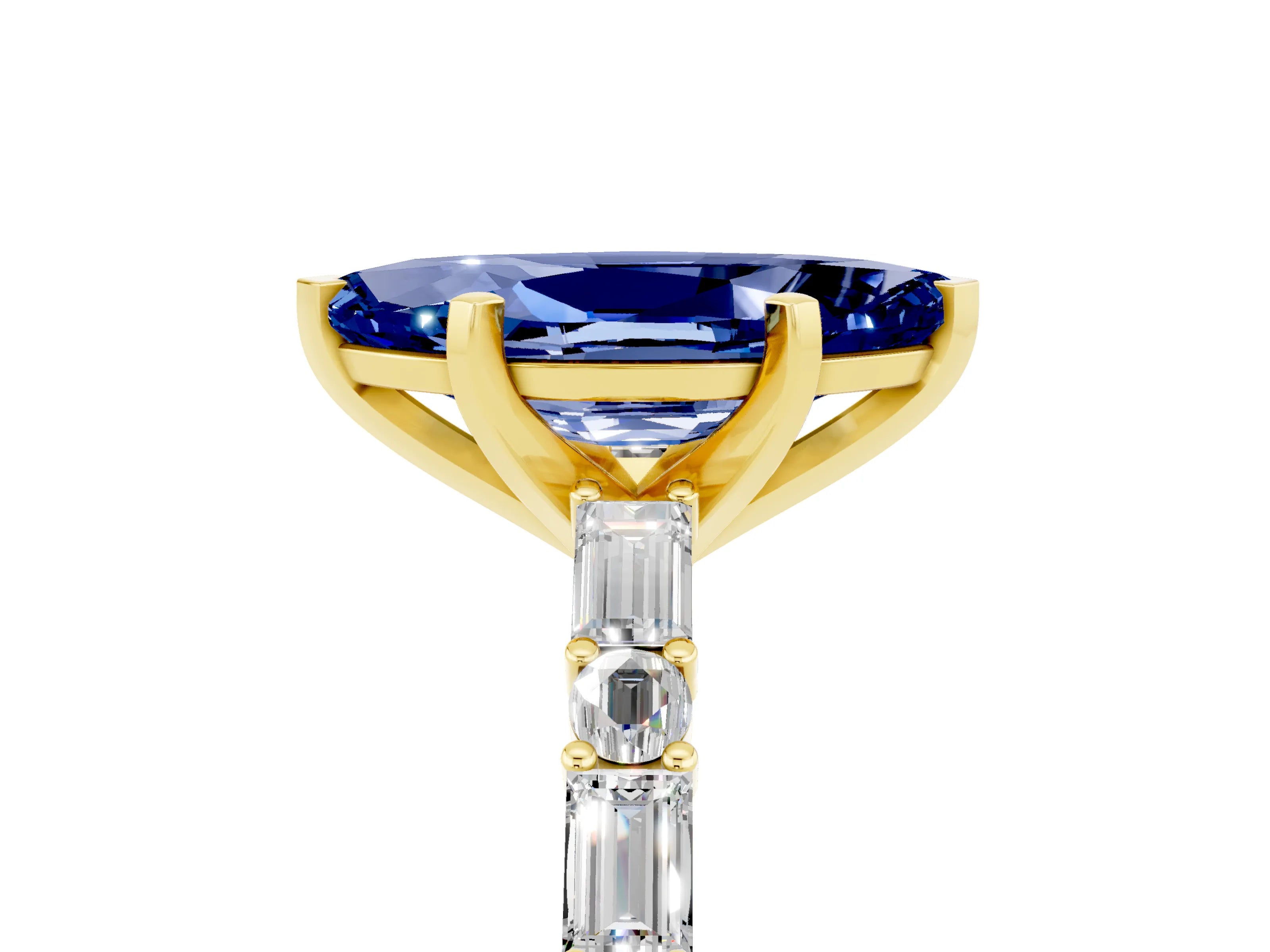 Yellow gold Marquise Cut Blue Sapphire Solitaire with Side Baguettes and Channel Set Band_5