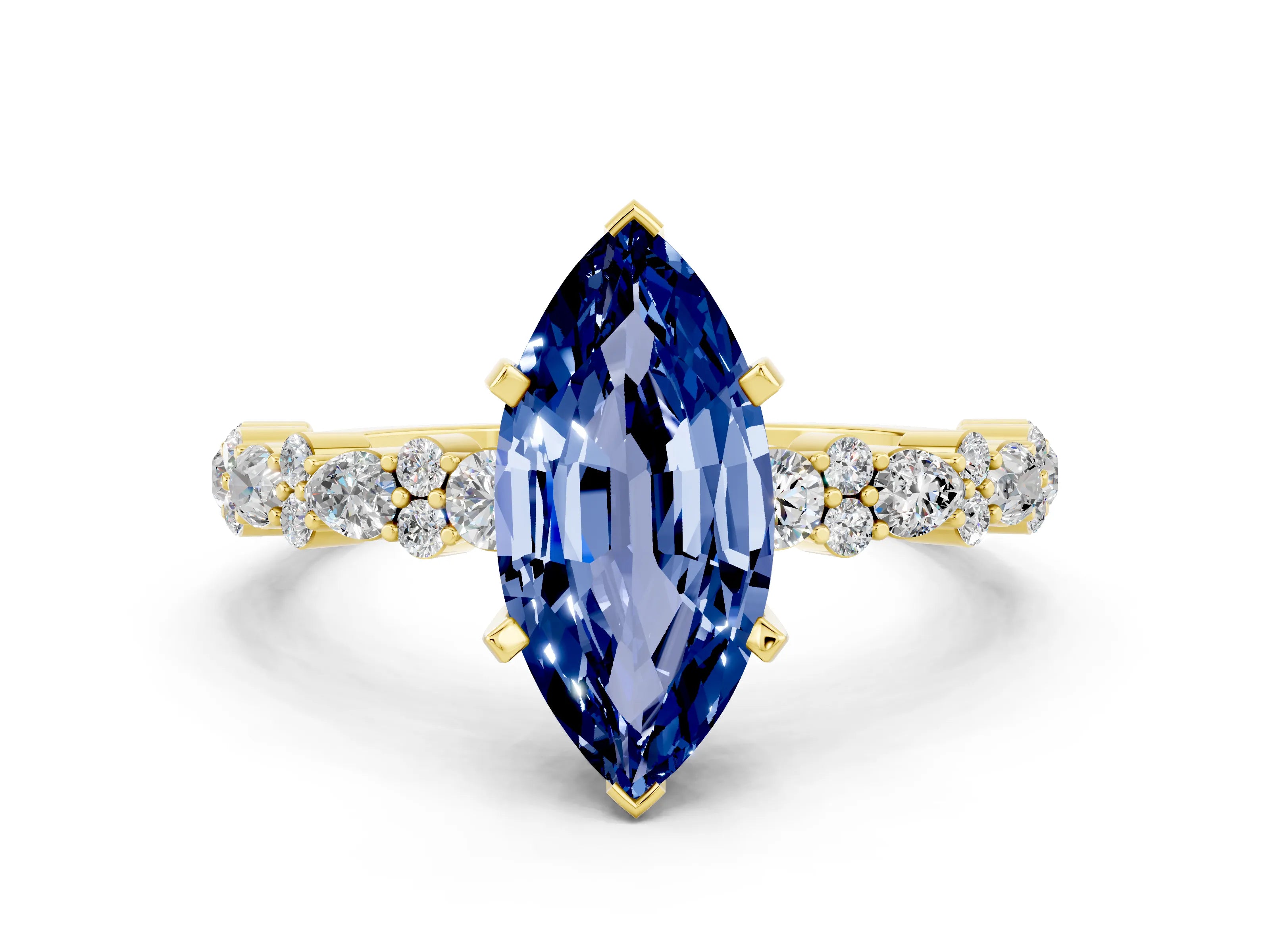 Yellow gold Marquise Cut Blue Sapphire Solitaire with Side Stones, Pave Band, Four-Prong Setting_36