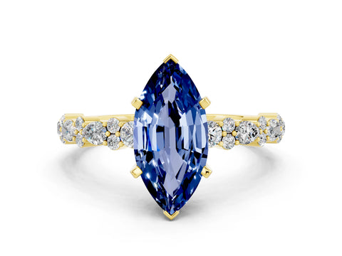 Yellow gold Marquise Cut Blue Sapphire Solitaire with Side Stones, Pave Band, Four-Prong Setting_36