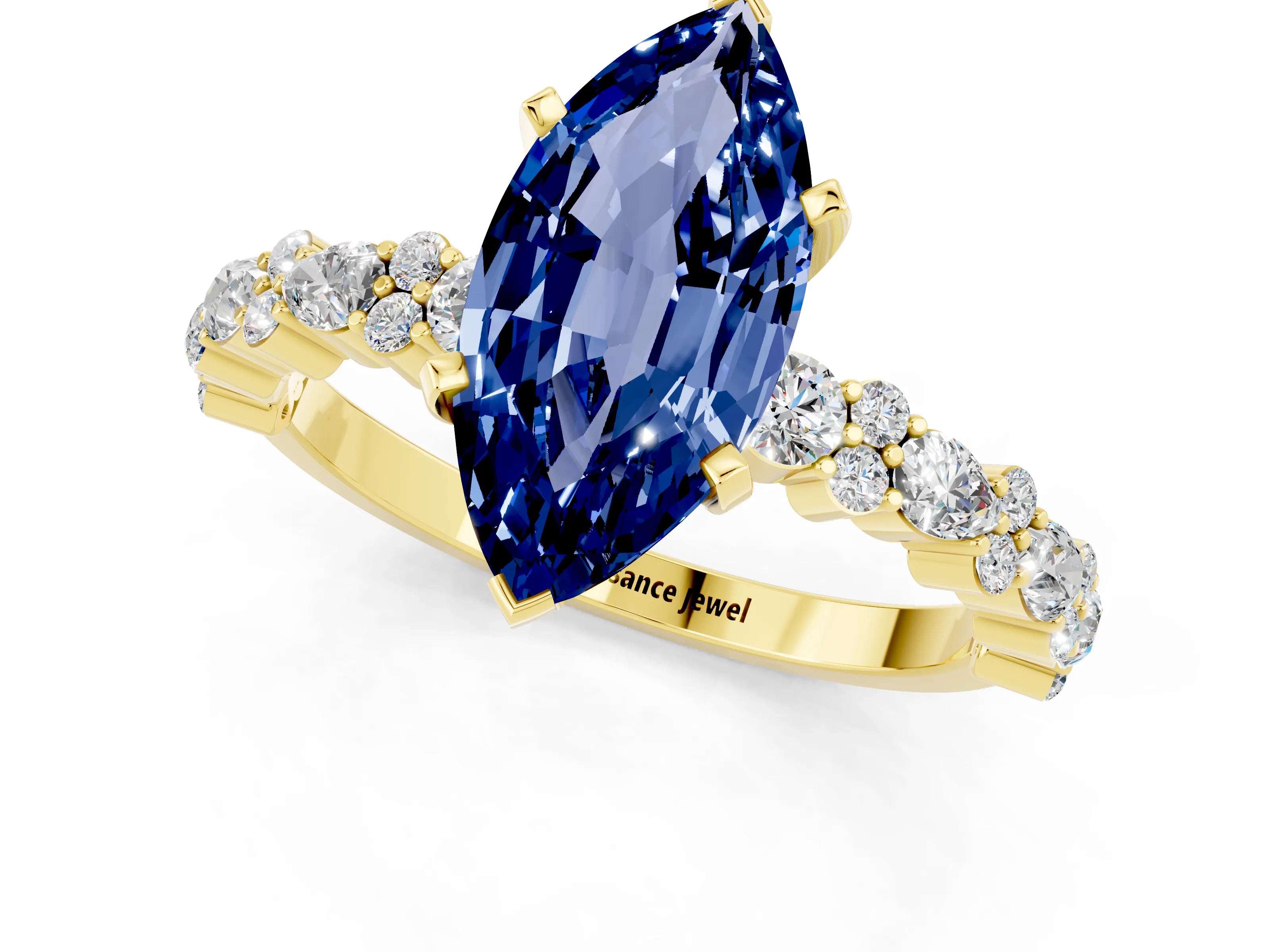 Yellow gold Marquise Cut Blue Sapphire Solitaire with Side Stones, Pave Band, Four-Prong Setting_37