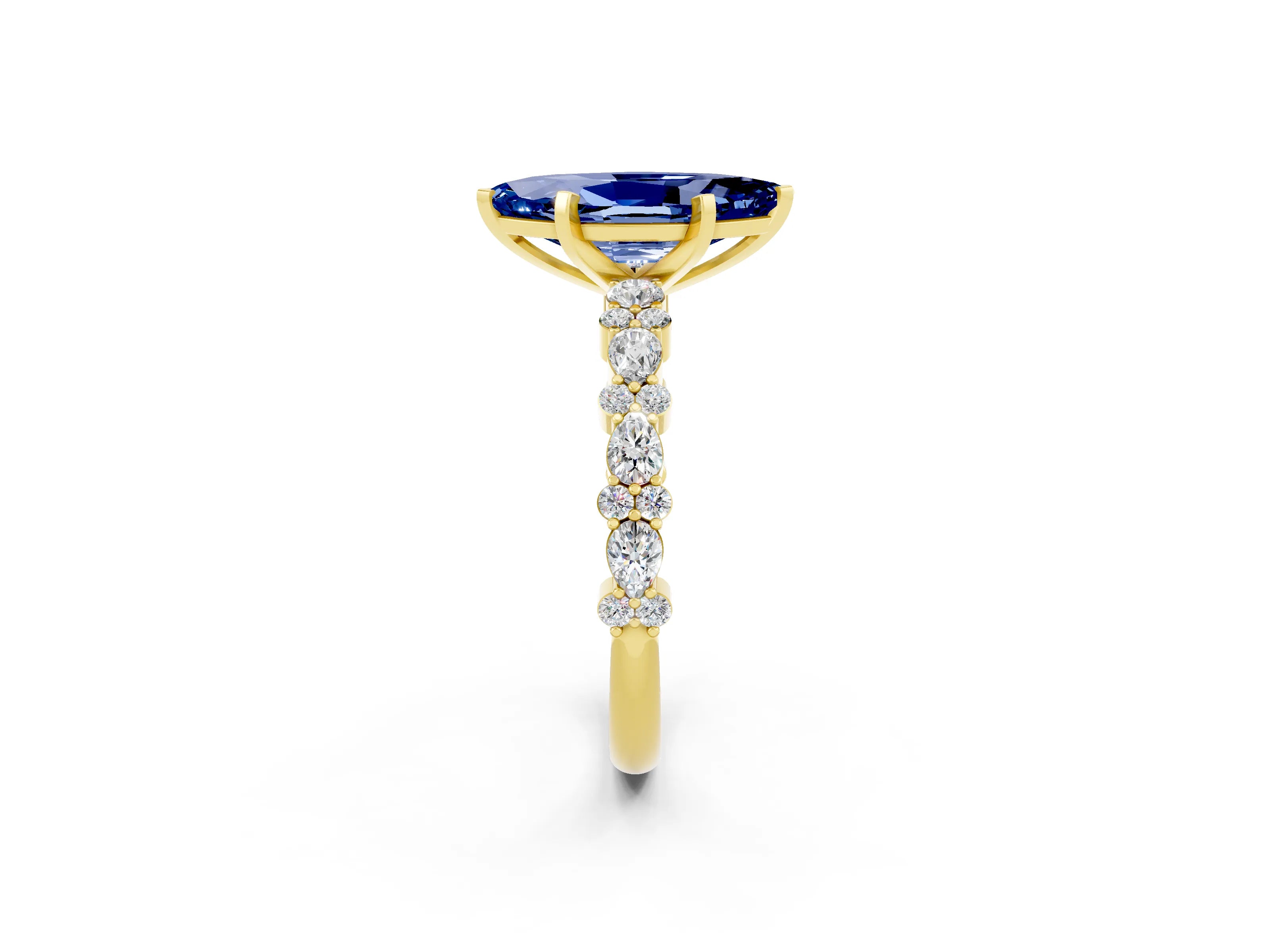 Yellow gold Marquise Cut Blue Sapphire Solitaire with Side Stones, Pave Band, Four-Prong Setting_38