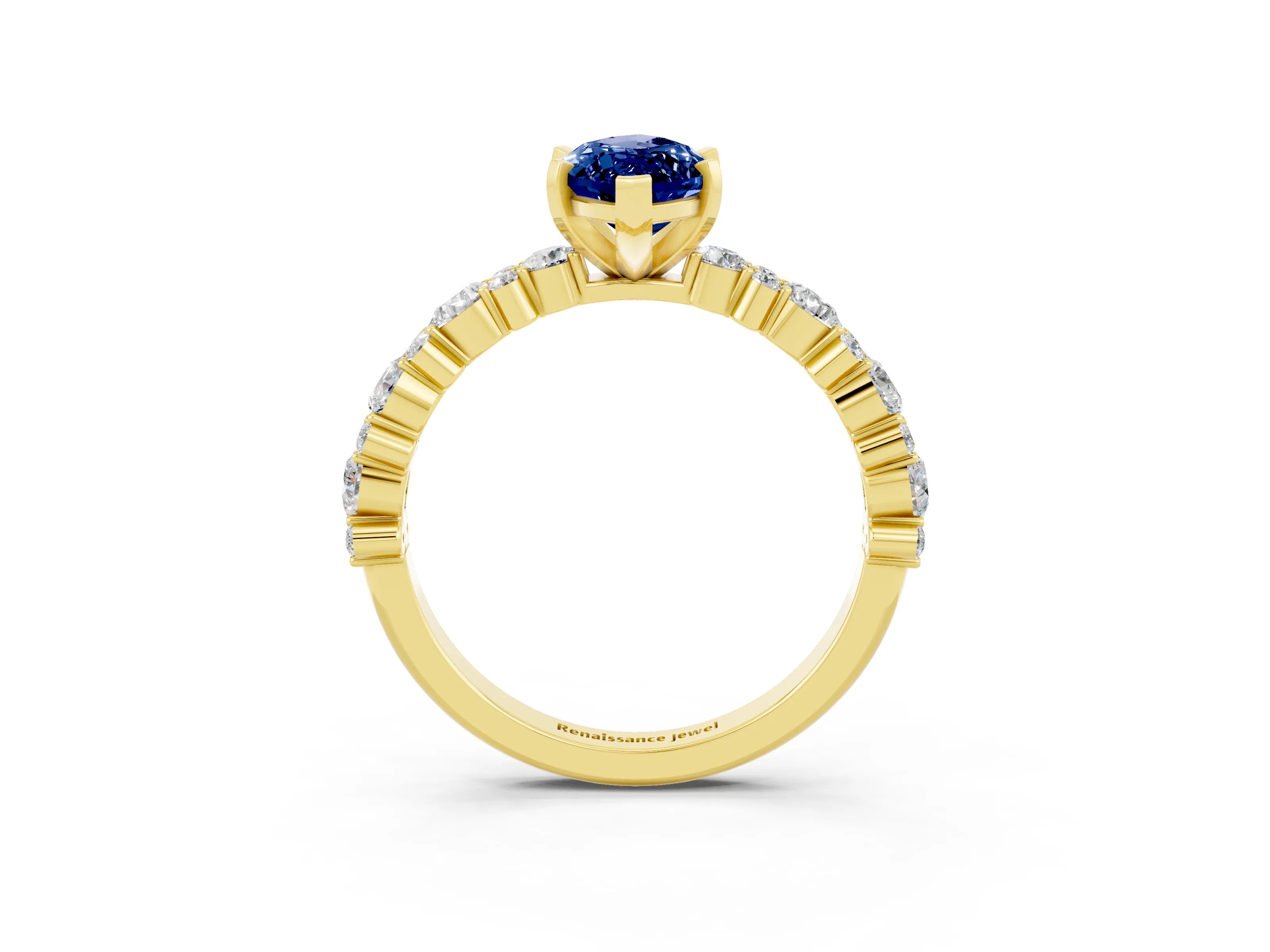 Yellow gold Marquise Cut Blue Sapphire Solitaire with Side Stones, Pave Band, Four-Prong Setting_39