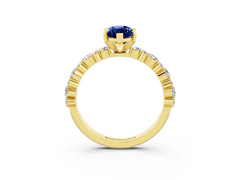Yellow gold Marquise Cut Blue Sapphire Solitaire with Side Stones, Pave Band, Four-Prong Setting_39