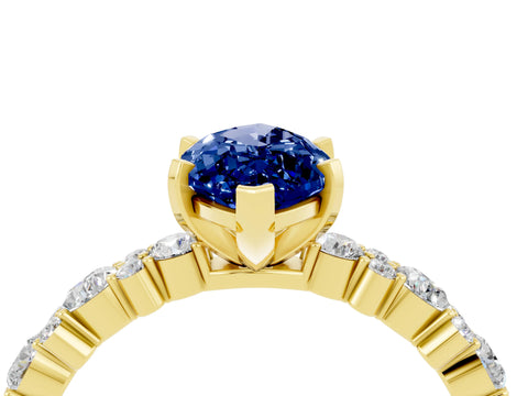 Yellow gold Marquise Cut Blue Sapphire Solitaire with Side Stones, Pave Band, Four-Prong Setting_40