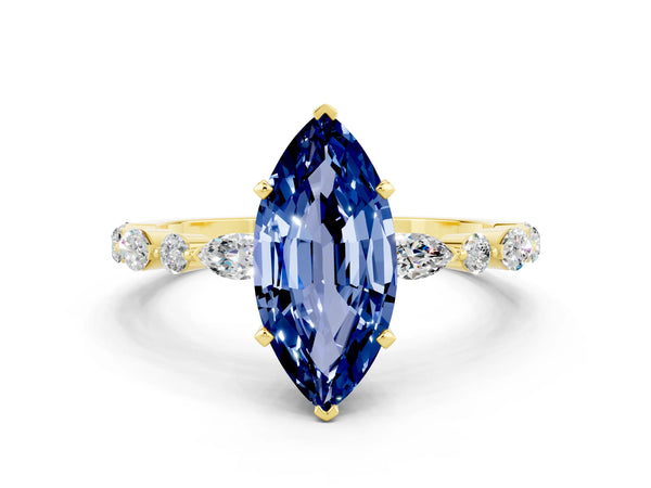 Yellow gold Marquise Cut Blue Sapphire Ring with Marquise and Round  Side Stones and Four-Prong Setting