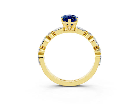 Yellow gold Marquise Cut Blue Sapphire Solitaire with Side Stones on a Pavé Band and Four-Prong Setting_3