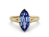 Yellow gold Marquise Cut Blue Sapphire Split Shank Engagement Ring with Pavé Band