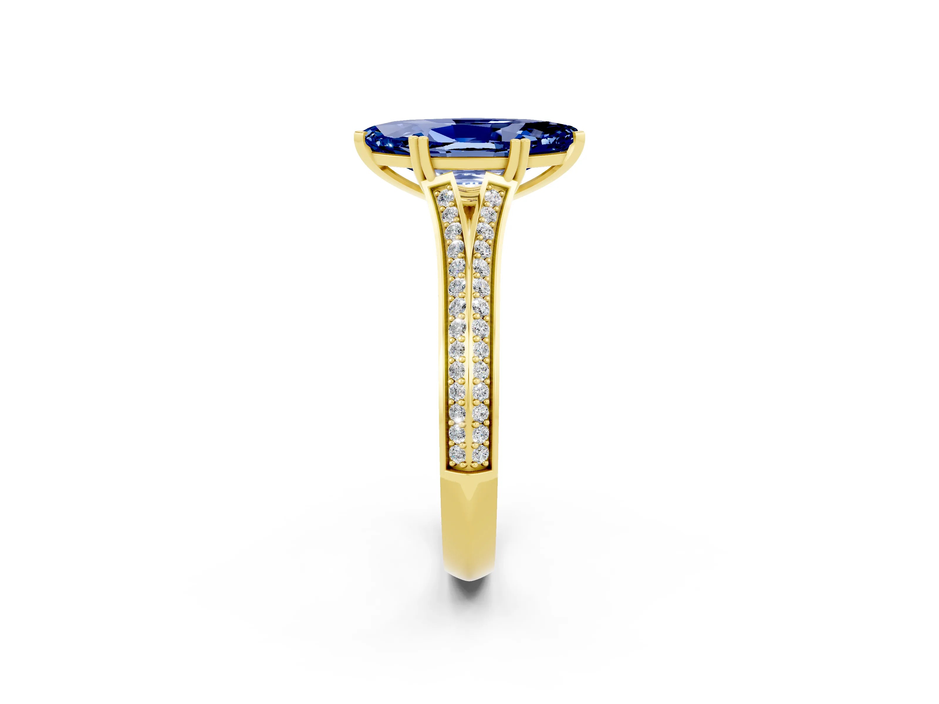 Yellow gold Marquise Cut Blue Sapphire Split Shank Engagement Ring with Pavé Band_2