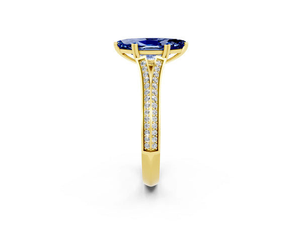 Yellow gold Marquise Cut Blue Sapphire Split Shank Engagement Ring with Pavé Band