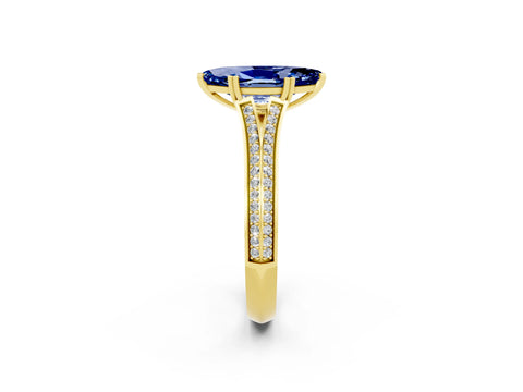 Yellow gold Marquise Cut Blue Sapphire Split Shank Engagement Ring with Pavé Band_2
