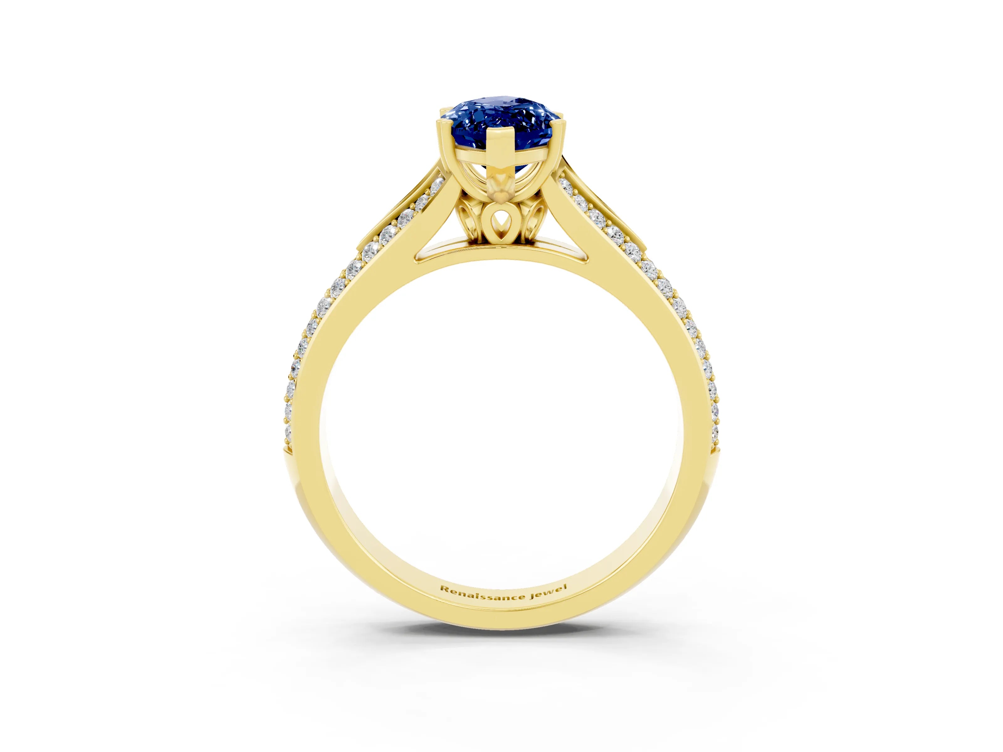Yellow gold Marquise Cut Blue Sapphire Split Shank Engagement Ring with Pavé Band_3