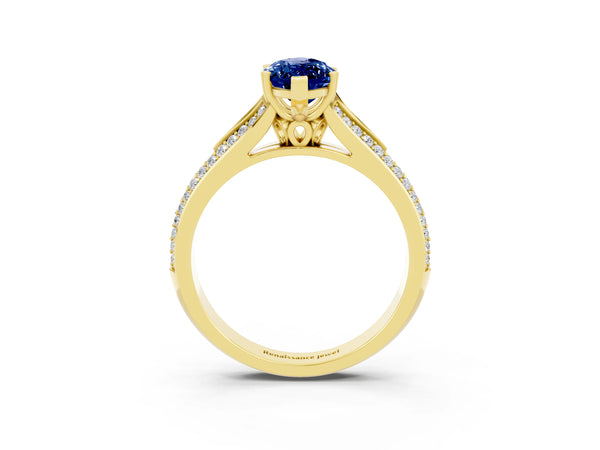 Yellow gold Marquise Cut Blue Sapphire Split Shank Engagement Ring with Pavé Band