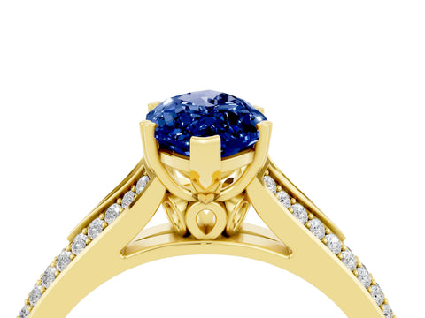 Yellow gold Marquise Cut Blue Sapphire Split Shank Engagement Ring with Pavé Band_4
