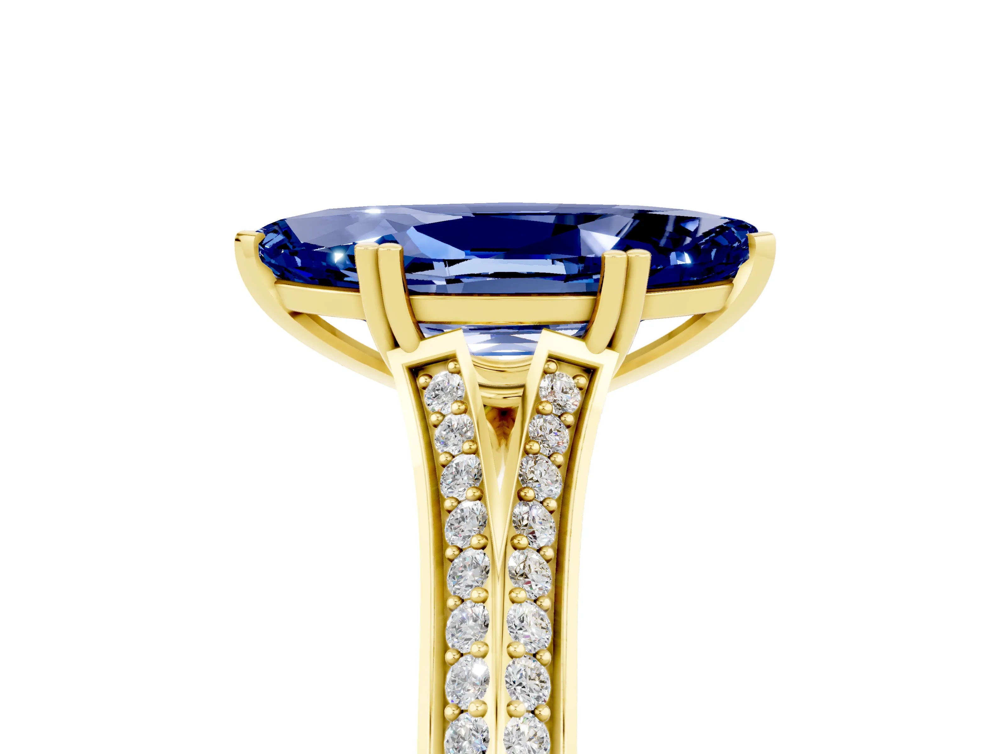 Yellow gold Marquise Cut Blue Sapphire Split Shank Engagement Ring with Pavé Band_5