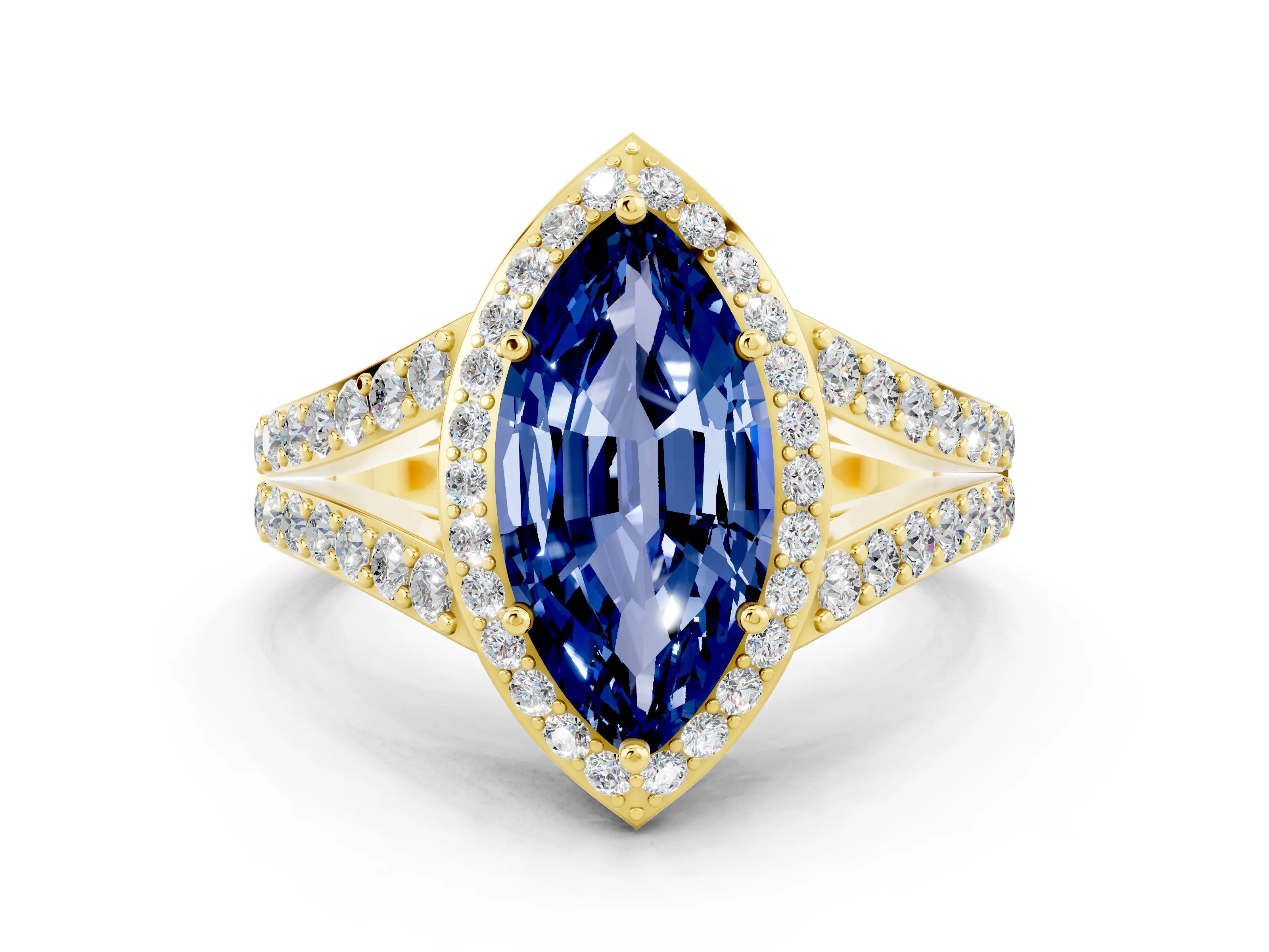 Yellow gold Marquise Cut Blue Sapphire Split Shank Halo Ring with Four-Prong Setting_12