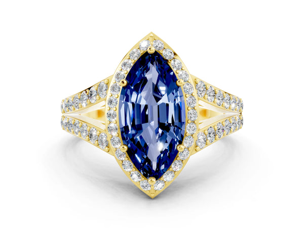 Yellow gold Marquise Cut Blue Sapphire Split Shank Halo Ring with Four-Prong Setting