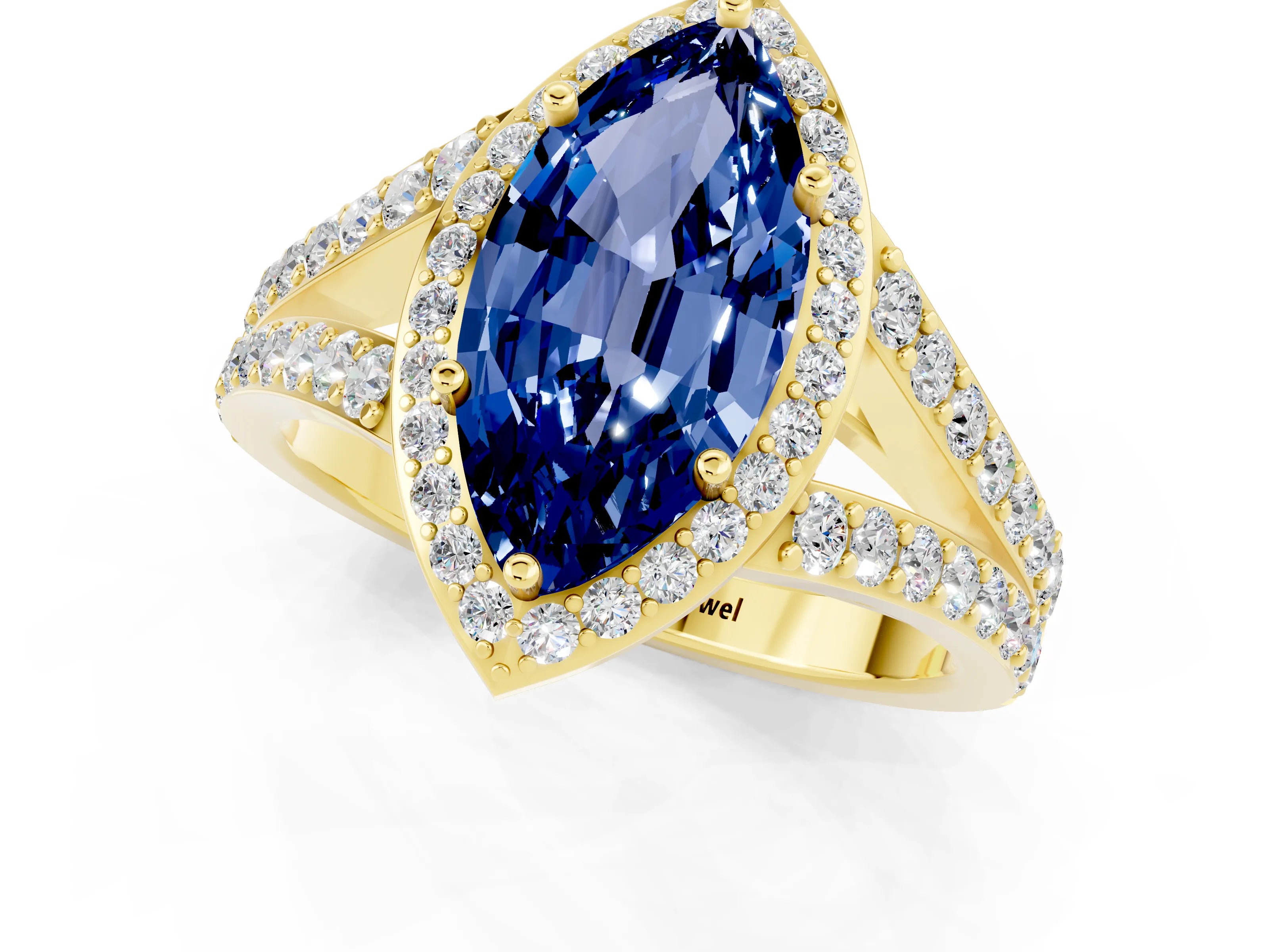Yellow gold Marquise Cut Blue Sapphire Split Shank Halo Ring with Four-Prong Setting_13
