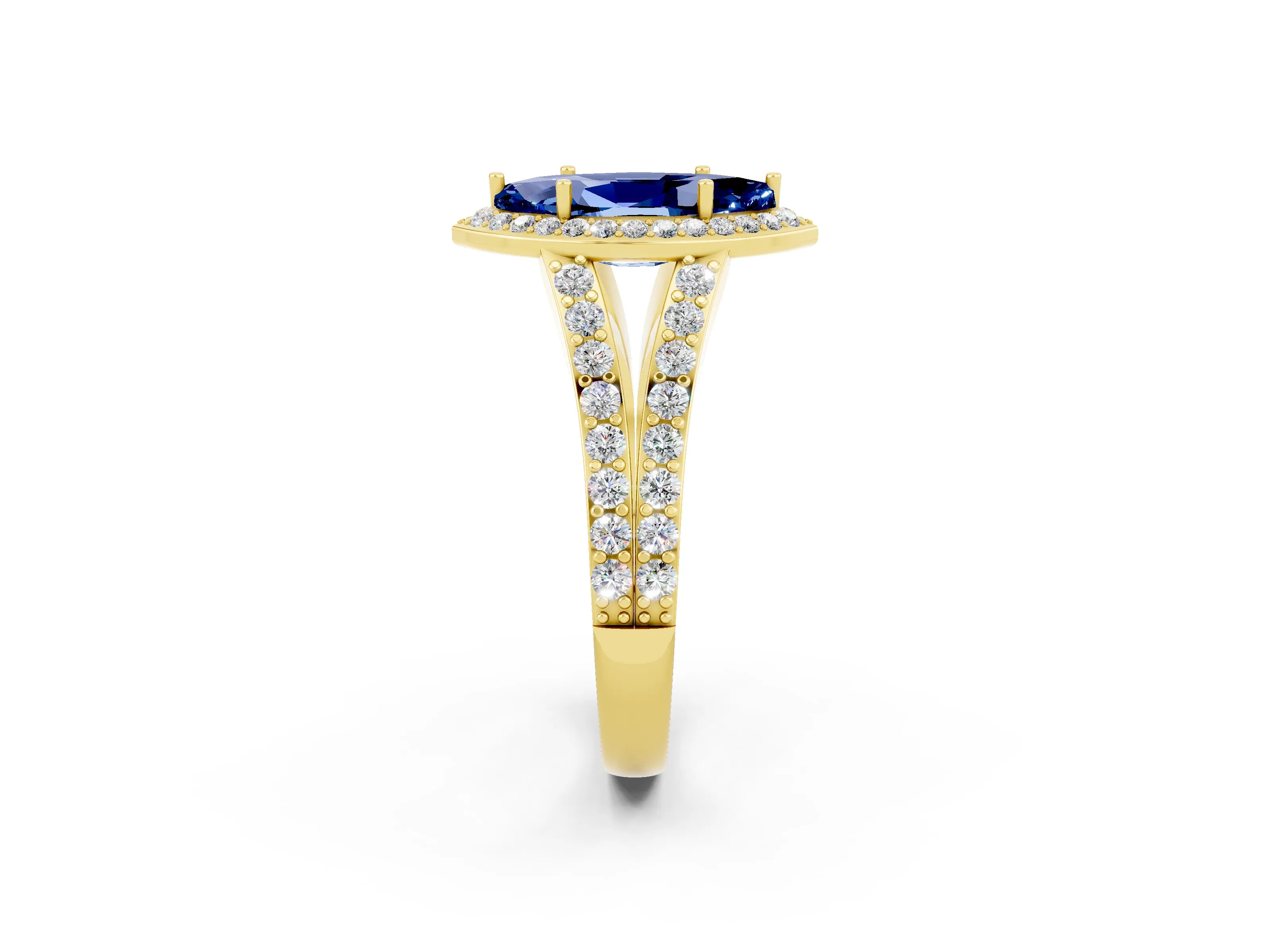 Yellow gold Marquise Cut Blue Sapphire Split Shank Halo Ring with Four-Prong Setting_14