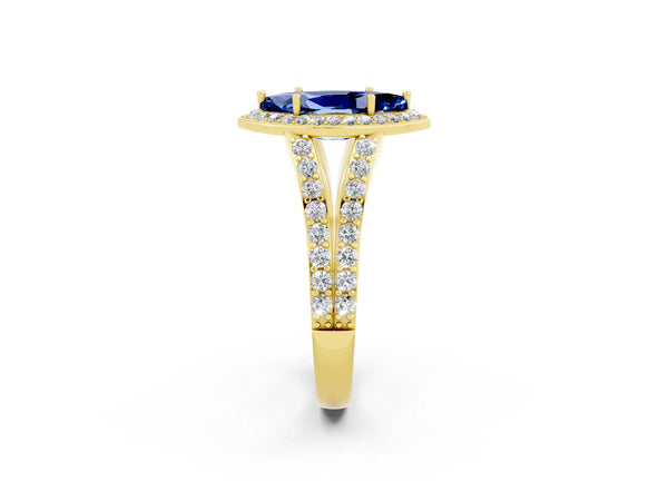 Yellow gold Marquise Cut Blue Sapphire Split Shank Halo Ring with Four-Prong Setting