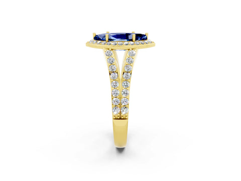 Yellow gold Marquise Cut Blue Sapphire Split Shank Halo Ring with Four-Prong Setting_14