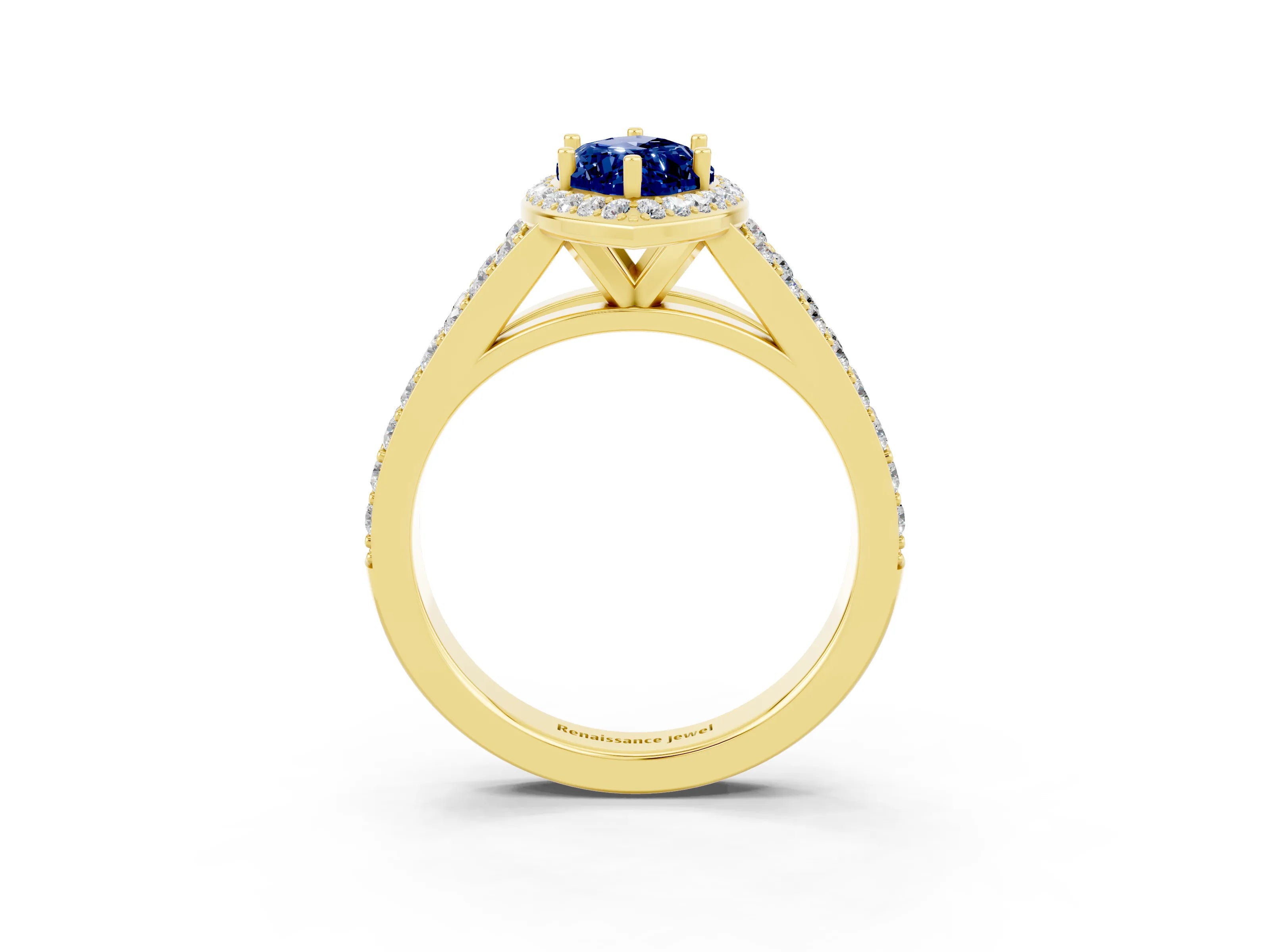 Yellow gold Marquise Cut Blue Sapphire Split Shank Halo Ring with Four-Prong Setting_15