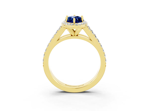 Yellow gold Marquise Cut Blue Sapphire Split Shank Halo Ring with Four-Prong Setting