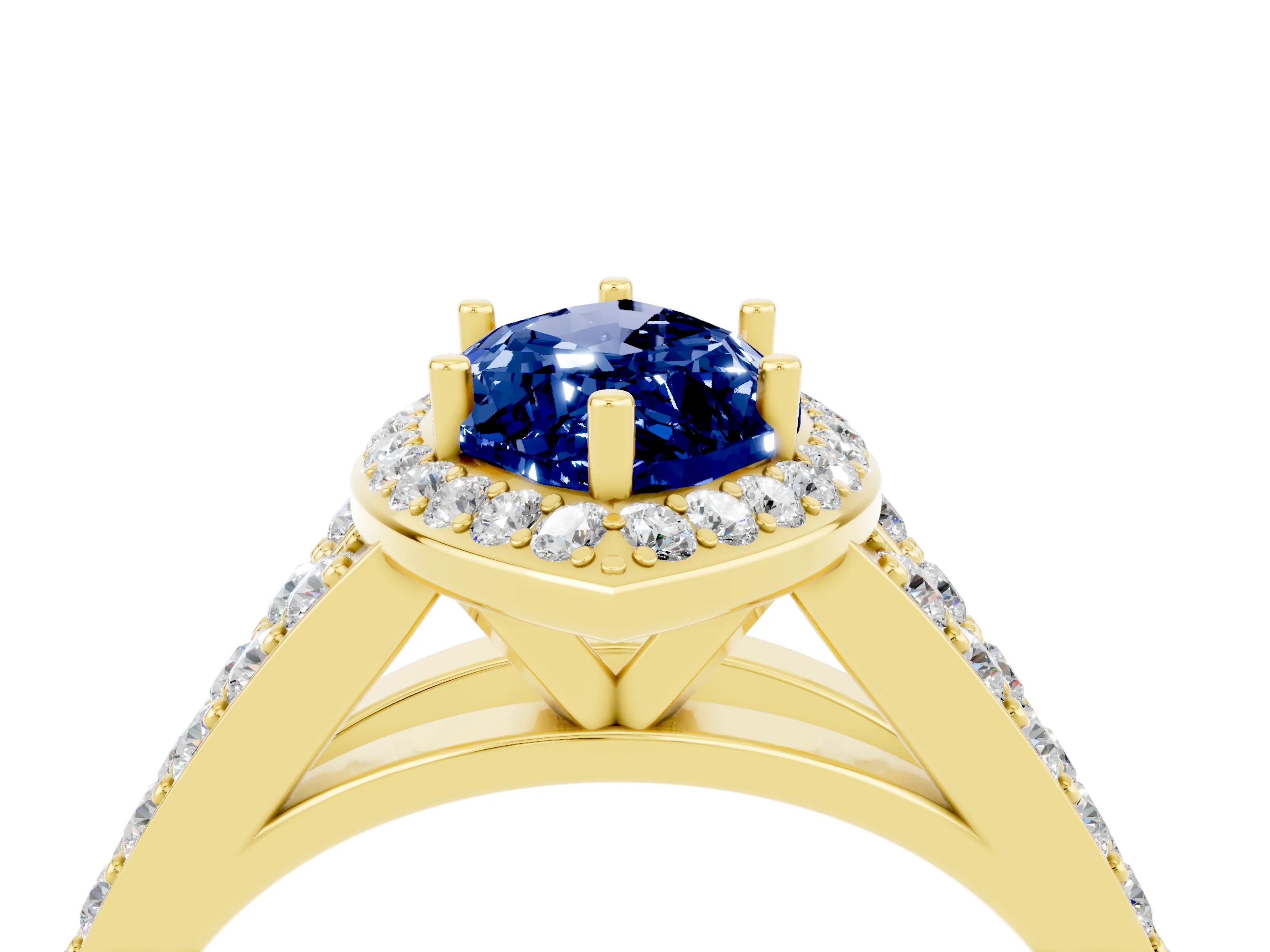 Yellow gold Marquise Cut Blue Sapphire Split Shank Halo Ring with Four-Prong Setting_16