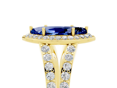Yellow gold Marquise Cut Blue Sapphire Split Shank Halo Ring with Four-Prong Setting_17