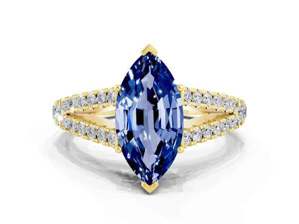 Yellow gold Marquise Cut Blue Sapphire Split Shank Pavé Engagement Ring with Four-Prong Setting