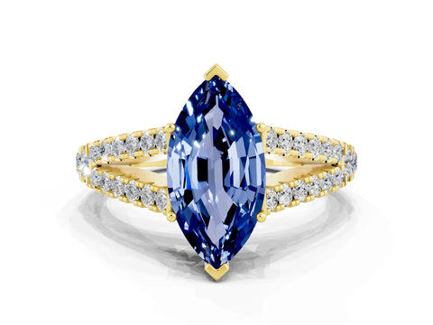 Yellow gold Marquise Cut Blue Sapphire Split Shank Pavé Engagement Ring with Four-Prong Setting_12