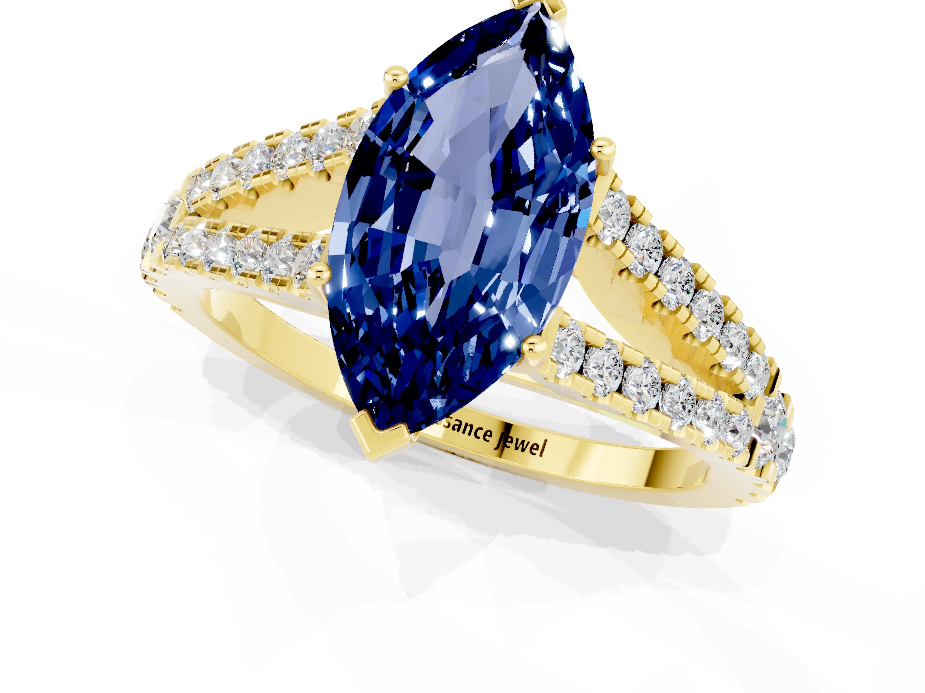 Yellow gold Marquise Cut Blue Sapphire Split Shank Pavé Engagement Ring with Four-Prong Setting_13