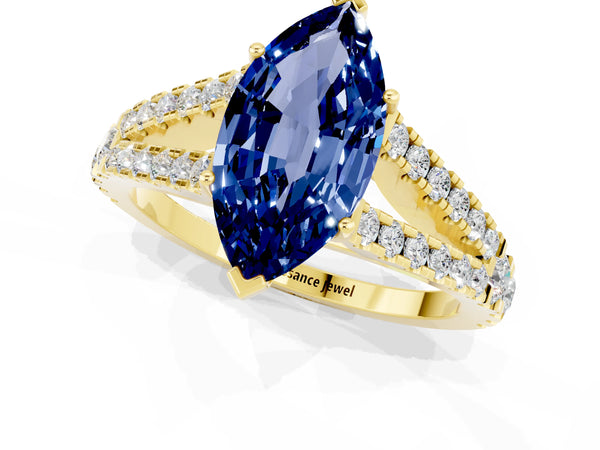 Yellow gold Marquise Cut Blue Sapphire Split Shank Pavé Engagement Ring with Four-Prong Setting