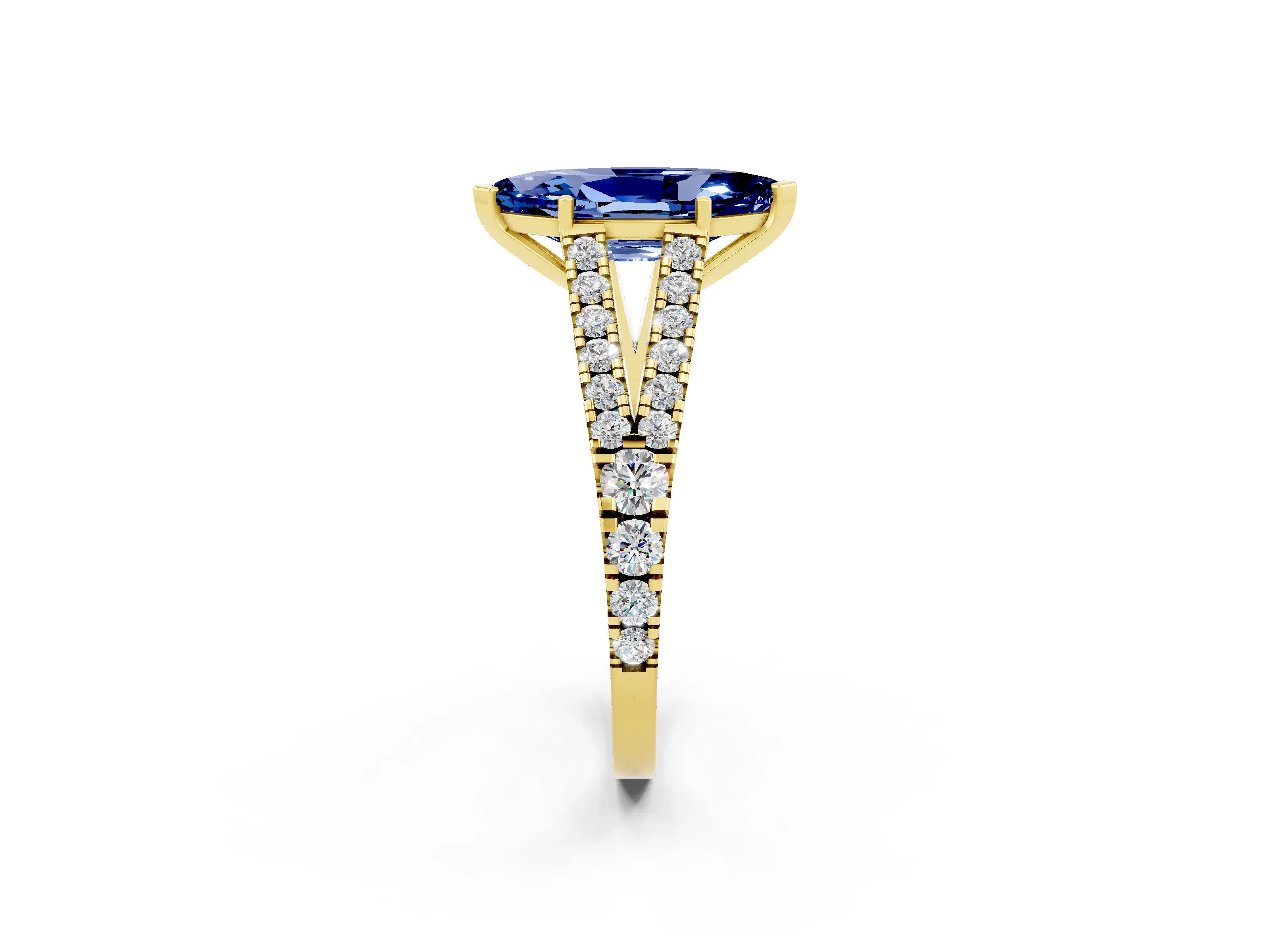 Yellow gold Marquise Cut Blue Sapphire Split Shank Pavé Engagement Ring with Four-Prong Setting_14