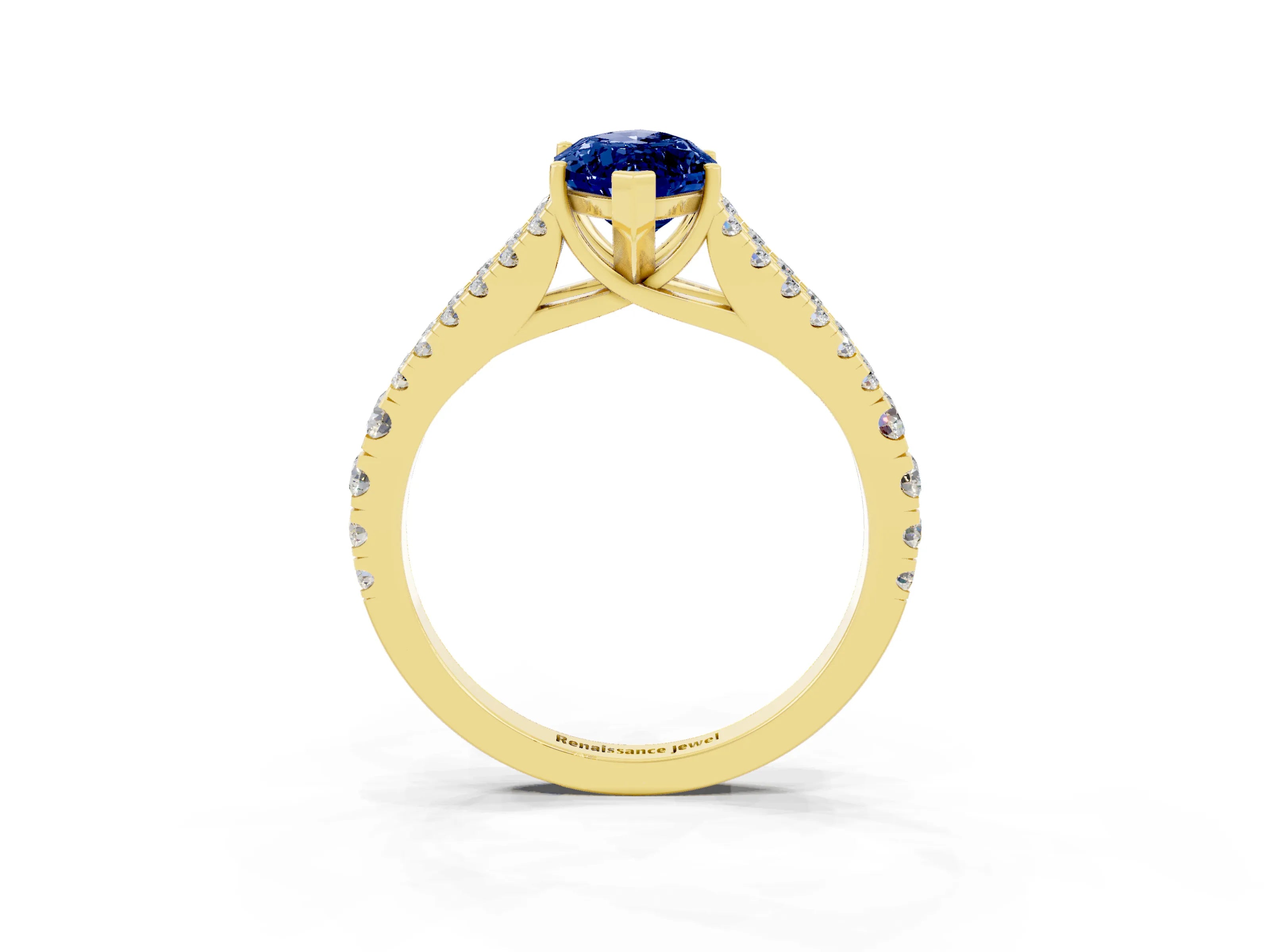 Yellow gold Marquise Cut Blue Sapphire Split Shank Pavé Engagement Ring with Four-Prong Setting_15
