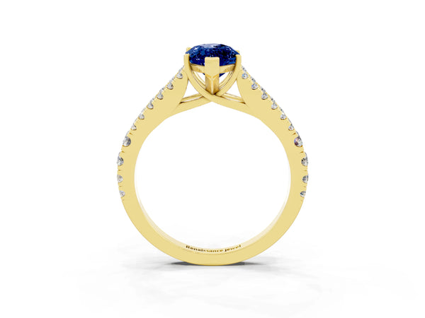 Yellow gold Marquise Cut Blue Sapphire Split Shank Pavé Engagement Ring with Four-Prong Setting