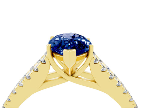 Yellow gold Marquise Cut Blue Sapphire Split Shank Pavé Engagement Ring with Four-Prong Setting_16