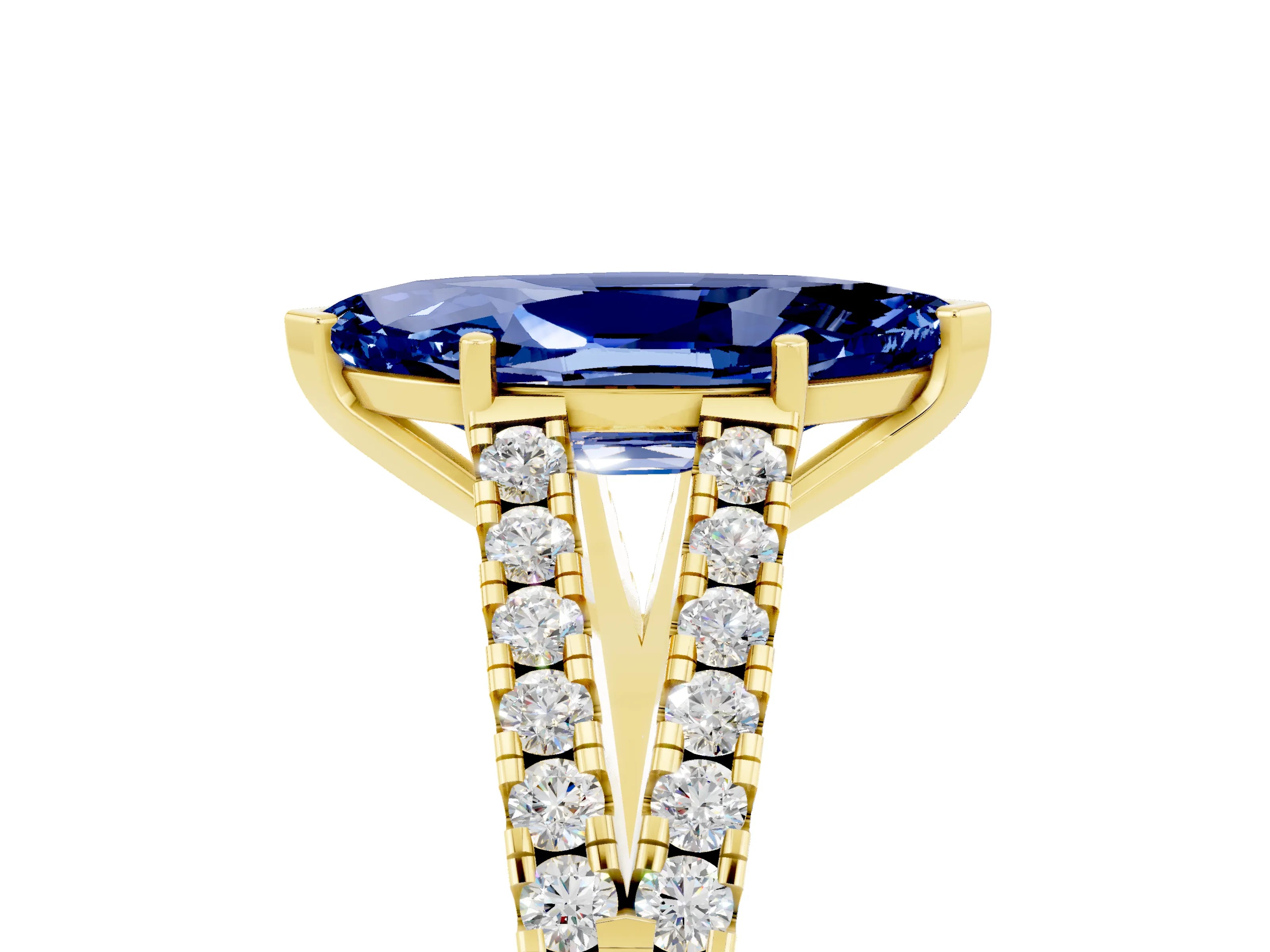 Yellow gold Marquise Cut Blue Sapphire Split Shank Pavé Engagement Ring with Four-Prong Setting_17
