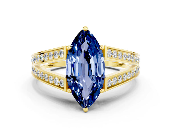 Yellow gold Marquise Cut Blue Sapphire Split Shank Ring with Pavé Band and Four-Prong Setting