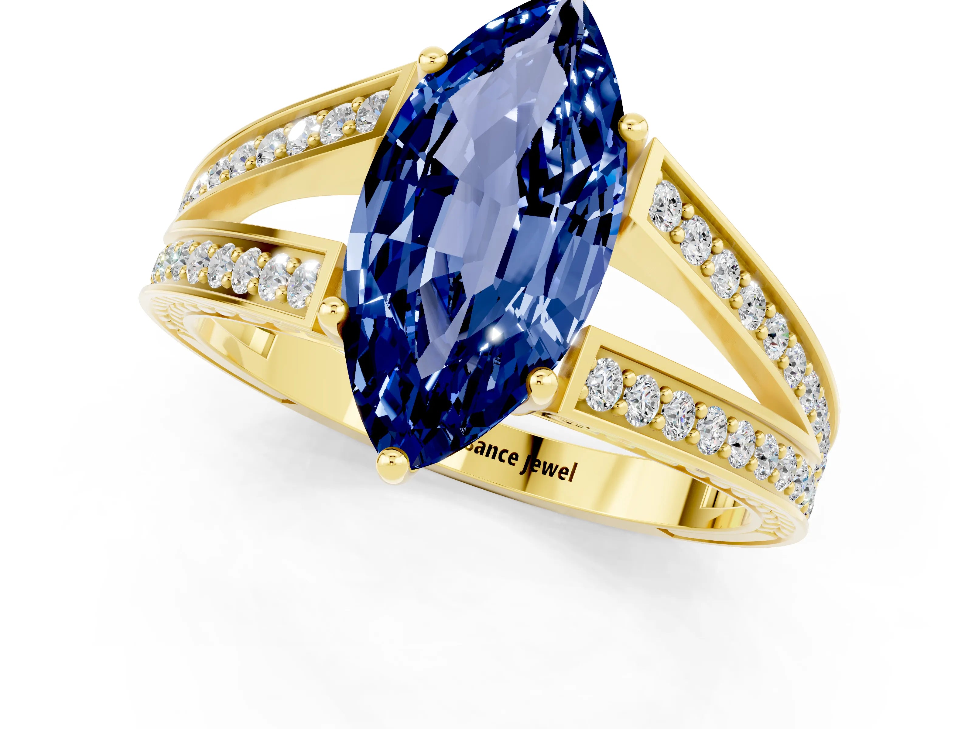 Yellow gold Marquise Cut Blue Sapphire Split Shank Ring with Pavé Band and Four-Prong Setting_1
