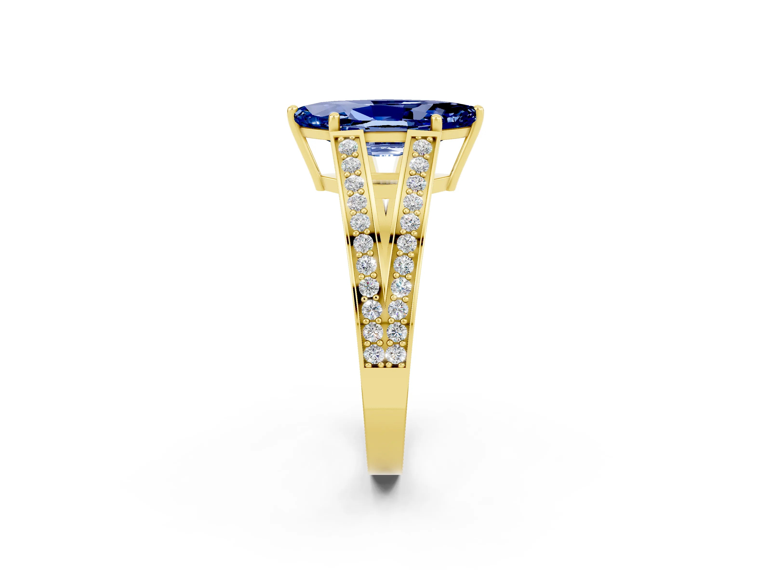 Yellow gold Marquise Cut Blue Sapphire Split Shank Ring with Pavé Band and Four-Prong Setting_2