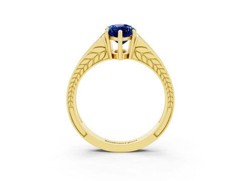 Yellow gold Marquise Cut Blue Sapphire Split Shank Ring with Pavé Band and Four-Prong Setting_3