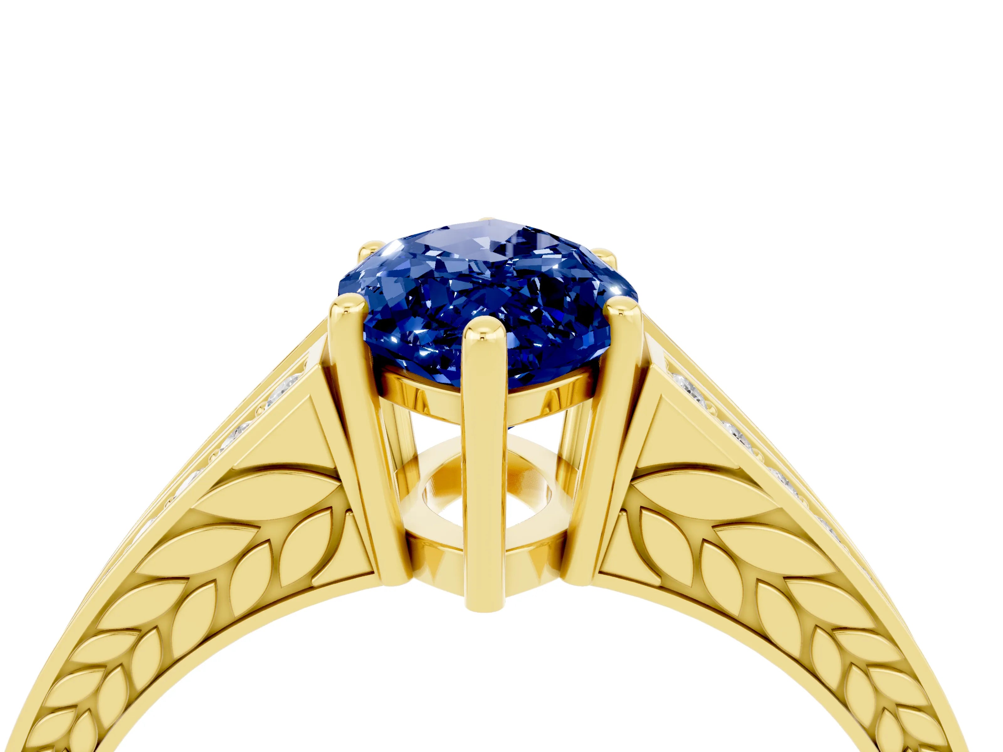 Yellow gold Marquise Cut Blue Sapphire Split Shank Ring with Pavé Band and Four-Prong Setting_4