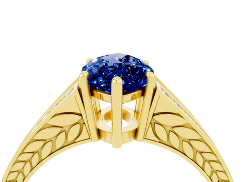Yellow gold Marquise Cut Blue Sapphire Split Shank Ring with Pavé Band and Four-Prong Setting_4