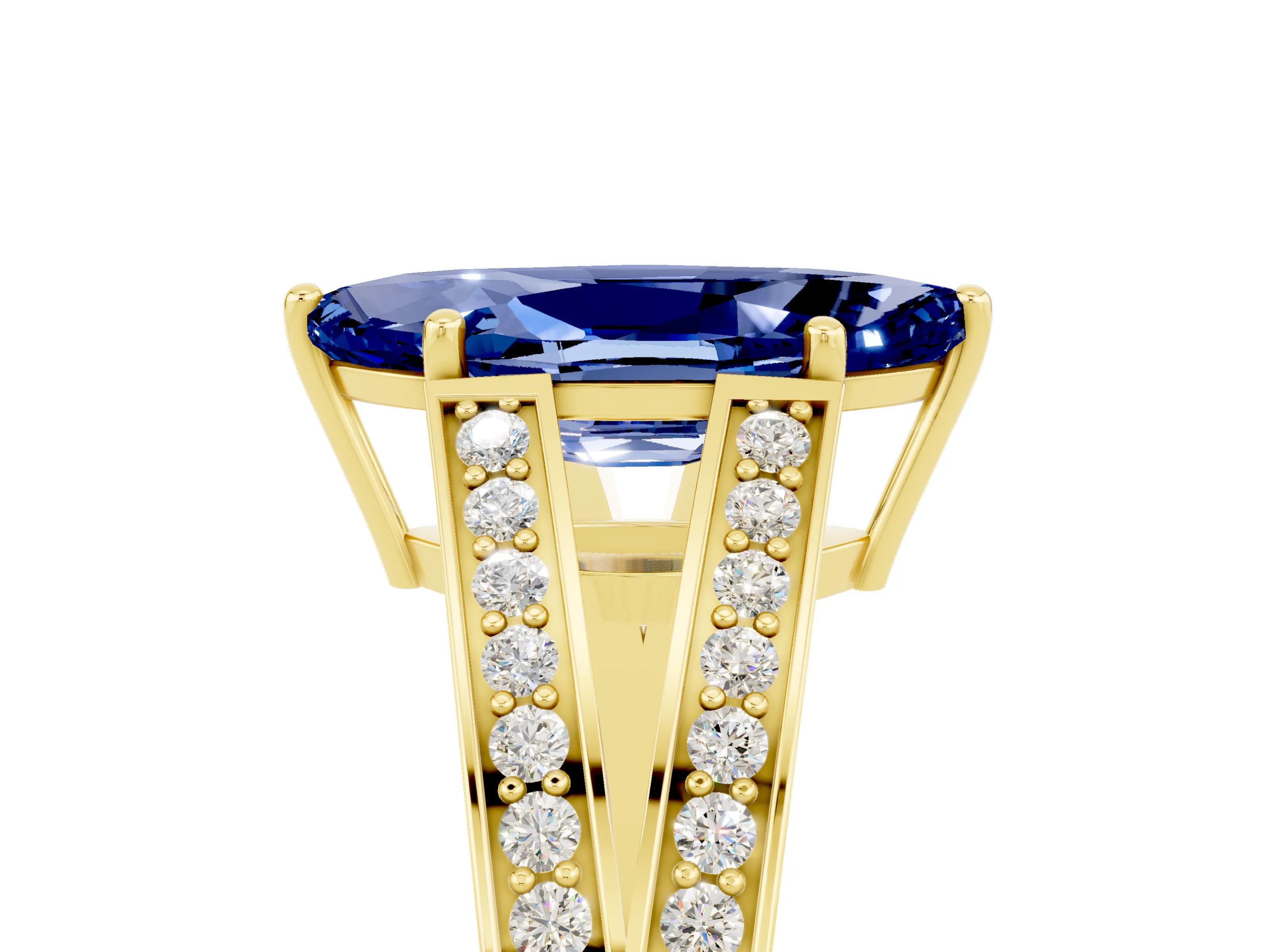 Yellow gold Marquise Cut Blue Sapphire Split Shank Ring with Pavé Band and Four-Prong Setting_5
