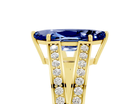 Yellow gold Marquise Cut Blue Sapphire Split Shank Ring with Pavé Band and Four-Prong Setting_5