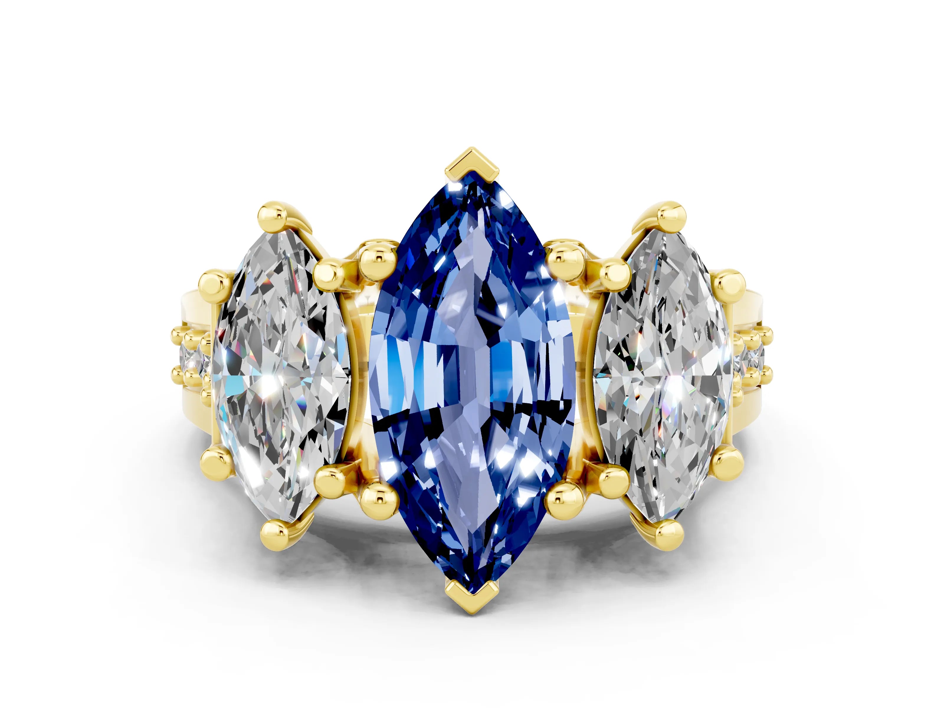 Yellow gold Marquise Cut Blue Sapphire Three-Stone Ring with Channel Set Band and Four-Prong Setting