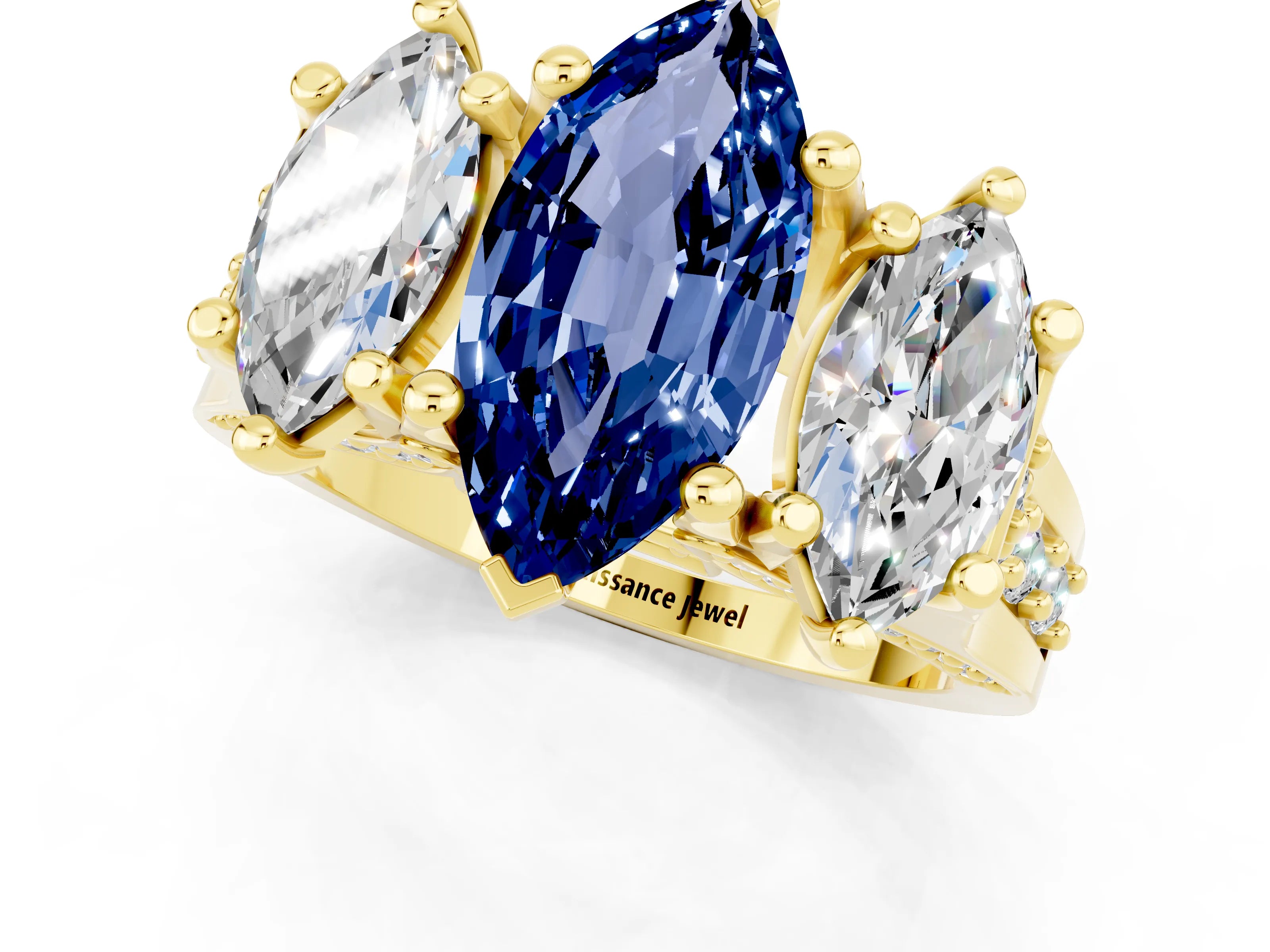 Yellow gold Marquise Cut Blue Sapphire Three-Stone Ring with Channel Set Band and Four-Prong Setting_1