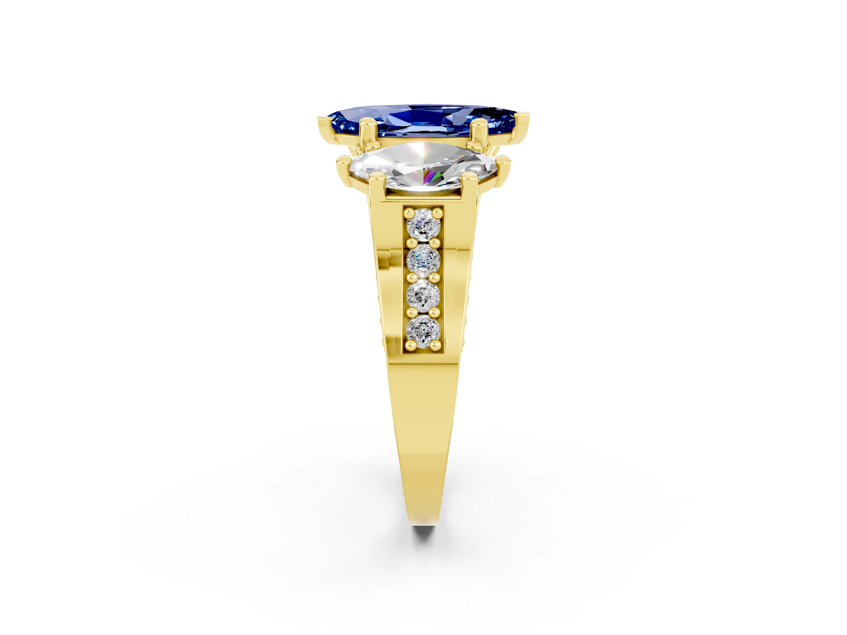 Yellow gold Marquise Cut Blue Sapphire Three-Stone Ring with Channel Set Band and Four-Prong Setting_2