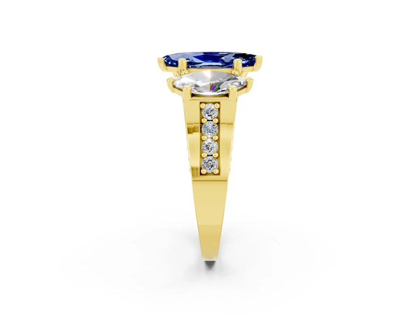 Yellow gold Marquise Cut Blue Sapphire Three-Stone Ring with Channel Set Band and Four-Prong Setting