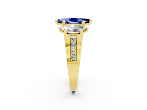 Yellow gold Marquise Cut Blue Sapphire Three-Stone Ring with Channel Set Band and Four-Prong Setting_2